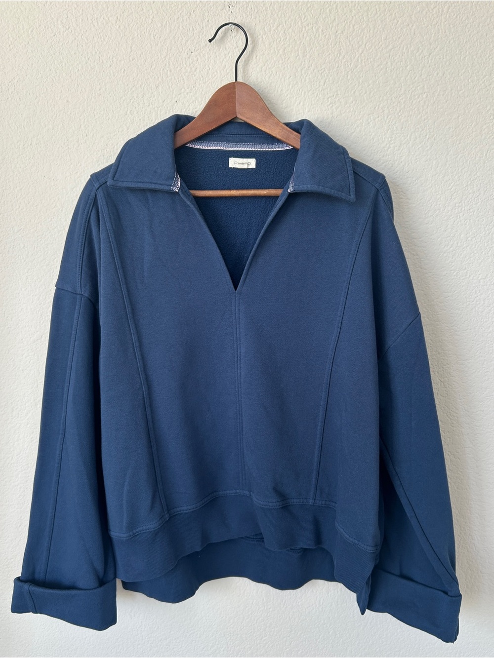 Pilcro Johnny Collar Pullover Sweatshirt Top, Navy Blue, Size Medium - Picture 5 of 11